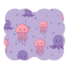 decorative frame with cute jellyfish and octopus pattern over white background, vector illustration