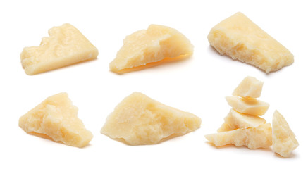 Set of Parmesan cheese pieces on white