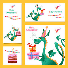 Set of 4 universal cards with dragon. Template. Feliz Cumpleaños! (Happy birthday!) Children’s party, congratulations.