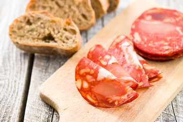Sliced chorizo salami sausage.