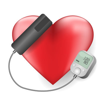 Arterial blood pressure checking concept. Digital pulsimeter with red heart Isolated. Vector Illustration
