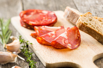 Sliced chorizo salami sausage.