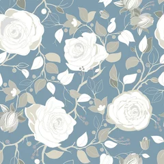 Foto op Plexiglas Gray pattern with big white roses. Vector wallpaper with big illustration flowers. Hand drawn plants © sunny_lion
