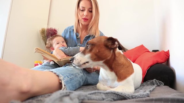 Young mother and son with a dog sitting on a bed. indoor footage