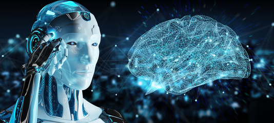 White man humanoid creating artificial intelligence 3D rendering