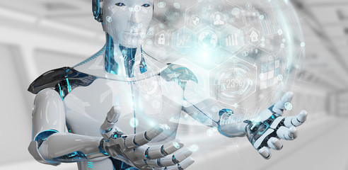 White male cyborg using digital chart interface 3D rendering