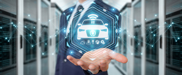 Businessman using modern smart car interface 3D rendering