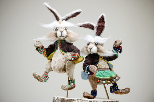 Porcelain clay statuette hares pair