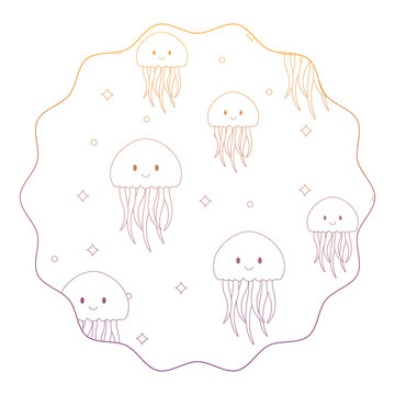 circular frame with cute jellyfish pattern over white background, vector illustration