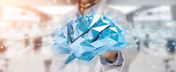 Doctor holding digital brain interface 3D rendering