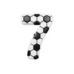 Alphabet number 7. Soccer font made of football texture. 3D render isolated on white background.