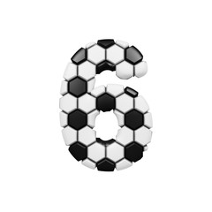Alphabet number 6. Soccer font made of football texture. 3D render isolated on white background.