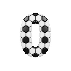Alphabet number 0. Soccer font made of football texture. 3D render isolated on white background.