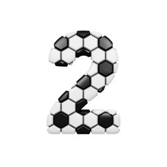 Alphabet number 2. Soccer font made of football texture. 3D render isolated on white background.