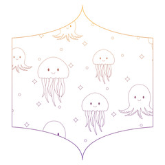 decorative frame with cute jellyfish pattern over white background, vector illustration