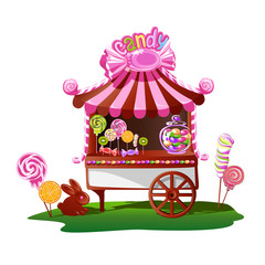 Candy shop with a cheerful decor. Fairytale vector illustration.
