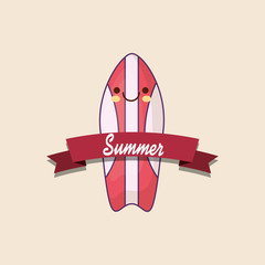 summer emblem with kawaii surfboard over white background, colorful design. vector illustration