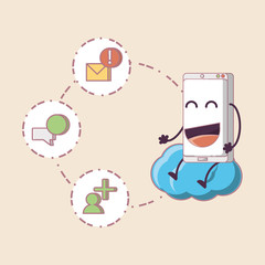 cartoon smartphone sitting on a cloud with social media related icons over white  background, colorful design. vector illustration