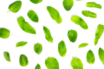 Fresh mint leaves on white background, leaves pattern, top view
