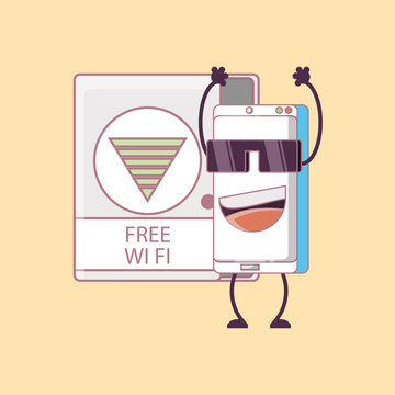 cartoon smartphone on free wifi zone over yellow background, colorful design. vector illustration