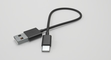 3D rendering - power usb cable with type-c connector isolated on white background.
