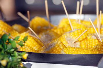 Many pieces of boiled golden corn are cooked in a casserole on the cob. Piercing on wooden sticks. Boiling in a pot. Close-up. Pan with boiled corn on picnic