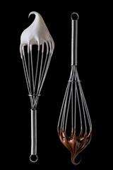 Whisk with meringue cream and melted chocolate Isolated on white