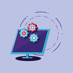 computer and gear wheels over purple background, colorful design. vector illustration