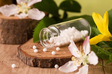 Obraz na płótnie Canvas Bottle of homeopathic globules and flowers