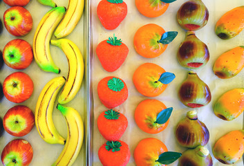 Colorful marzipan almond shaped fruit candies 