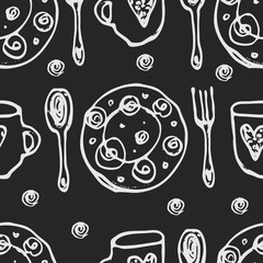 Seamless pattern with kitchen tools : plate, cup, pan. Hand drawn vector ornament.