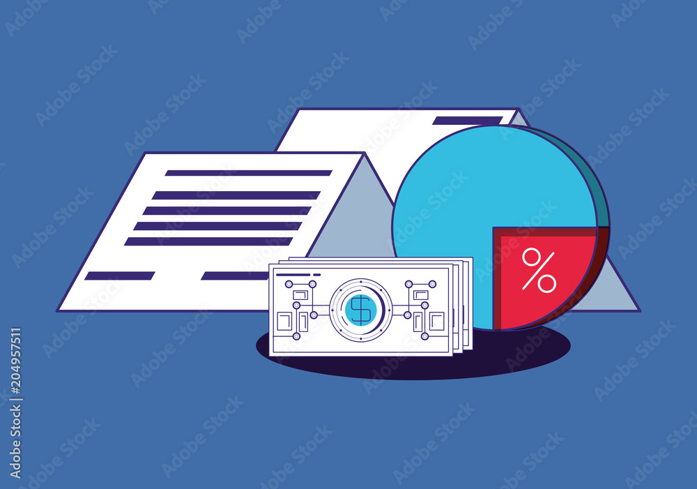 Sticker pie chart and financial technology related icons over blue background, colorful design. vector illus