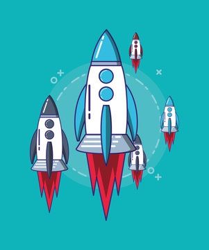 space rockets over turquoise background, colorful design. vector illustration