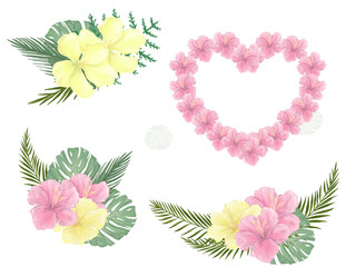 Card with pink flowers heart shaped with text. illustration Valentines Day. Celebration greeting. Tropical set summer bounquet frame on white background