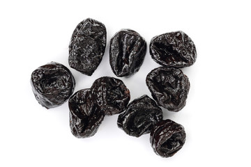 Dried plum - prunes isolated on a white background. Top view. Flat lay