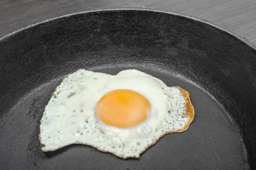 pan with fried eggs on a wooden background