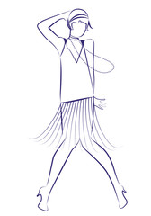 Flapper girl wearing 1920s clothes and long necklaces dancing charleston. Ink line drawing on white background.