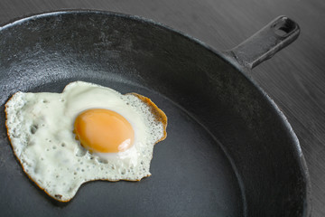pan with fried eggs on a wooden background