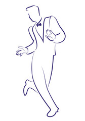 Man wearing retro clothes dancing charleston. Ink line drawing on white background.