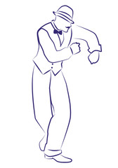 Man with hat dancing charleston. Ink line drawing on white background.