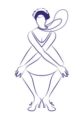 Flapper girl wearing 1920s clothes and long necklaces dancing charleston. Ink line drawing on white background.