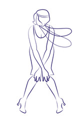 Flapper girl wearing 1920s clothes and long necklaces dancing charleston. Ink line drawing on white background.