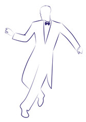 Man wearing retro clothes dancing charleston. Ink line drawing on white background.