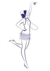 Flapper girl wearing 1920s clothes and long necklaces dancing charleston. Ink line drawing on white background.