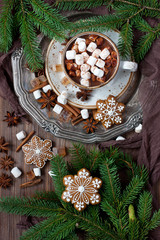 Cup of creamy hot chocolate with melted marshmallows and gingerbread cookies  for christmas holiday