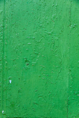 Wooden door texture with green paint is severely weathered and peeling