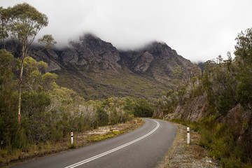 The Sentinels partly obscured by cloud in Tasmania, Australia