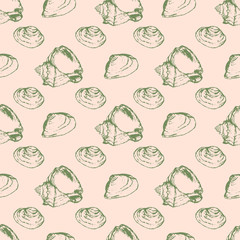 Hand drawn sketched sea shell seamless pattern on pastel pink background. Vector illustration.
