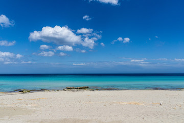 Fototapeta na wymiar Mallorca, Holiday white sand beach on perfect island with blue sky and sun