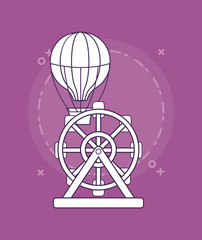ferris wheel and hot air balloon over purple background, colorful line design. vector illustration